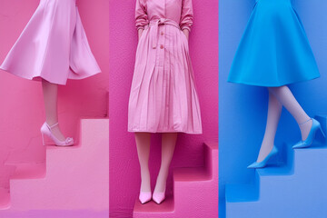 Fashion clothes in pastel shades of peach, pink and blue. Retro fashion concept.