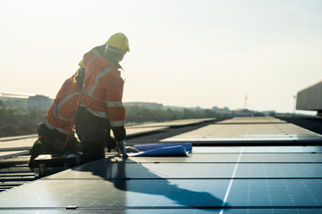 Worker Technicians are working to construct solar panels system on roof. Installing solar...