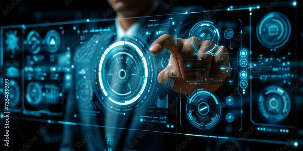 Poster Advanced Tech Command Center: A User Interacts with a Futuristic Holographic Interface, Symbolizing the Next Generation of Digital Interaction, Generative AI