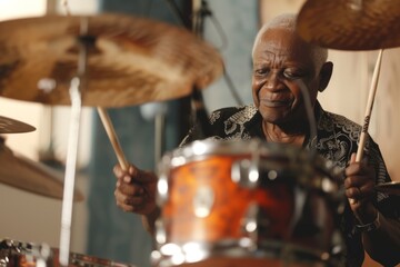 Fototapeta na wymiar Senior african american man playing drums in a music studio