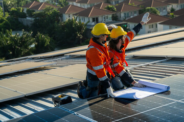 Worker Technicians are working to construct solar panels system on roof. Installing solar...