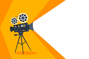 Graphic representation of an old-fashioned film projector casting light on a bright orange background - obrazy, fototapety, plakaty