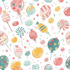 Pattern illustration of balloons with candies for kids, seamless, graphic design vector, brushes, happy birthday concept