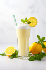 Refreshing lemon smoothie or slushie in tall glass on white table in white modern kitchen