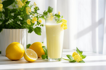 Refreshing lemon smoothie or slushie in tall glass on white table in white modern kitchen