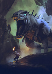 man with the torch facing a dinosaur in the cave, digital art style, illustration painting