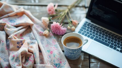 Cozy workspace with coffee and floral scarf