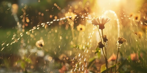 Obraz premium A Sprinkler System Hydrates Blooming Flowers in a Garden, Capturing the Vitality of Nature with Water Droplets in Sunlight, Generative AI
