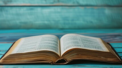 Obraz premium Open old book on blue wooden surface