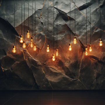 Architectural space, interior with black rocky wall and lots of pendant tungsten light bulbs.  Warm glow of modern lamps with vintage design, on dark stone textured background.