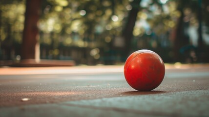 Close-up of a red bocce ball on a court