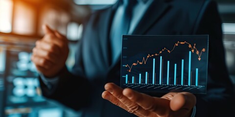 Seasoned investor holds a profit growth chart, epitomizing success in financial strategies and decision-making. - obrazy, fototapety, plakaty