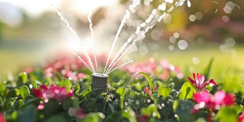 A Sprinkler System Hydrates Blooming Flowers in a Garden, Capturing the Vitality of Nature with Water Droplets in Sunlight, Generative AI