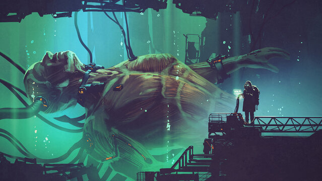 Fototapeta giant human in a futuristic water tank, digital art style, illustration painting