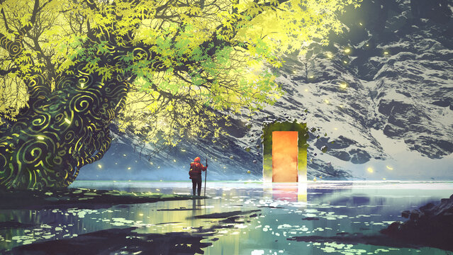 Fototapeta Traveler under the glowing tree looking at the orange gate in the distance, digital art style, illustration painting