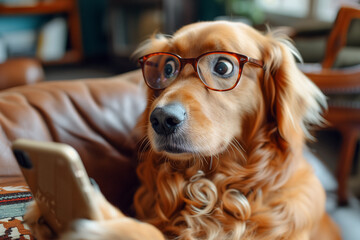 Dog in glasses looking in shock at the smartphone screen.