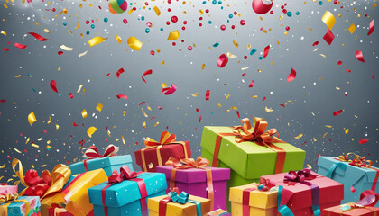 Happy New Year and Merry Christmas. Colourful gift boxes with confetti flying and falling, holiday concept banner