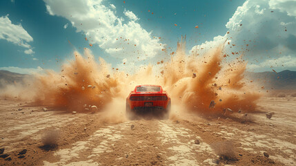 A red car kicks up dust in a dramatic desert scene