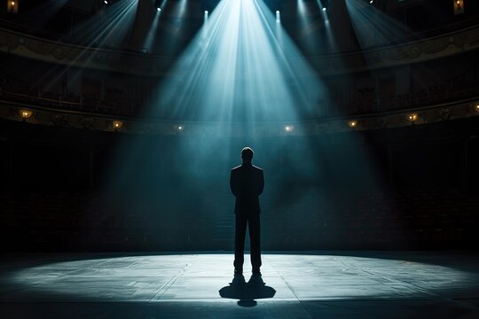 Confident Businessman Center Stage in Grand Auditorium, Spotlight Illuminating Success