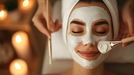 Crédence de cuisine en verre imprimé Spa Woman having facial mask spa therapy. Skin care and treatment, spa, natural beauty and cosmetology concept.