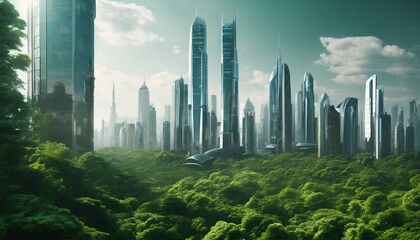 Urban and nature blend in futuristic city with skyscrapers and dense forest