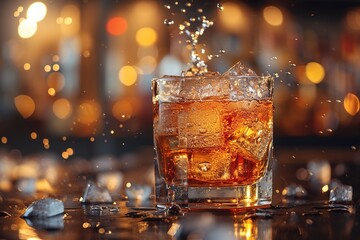 Glass of cola drink on bar counter with ice cubes and splash