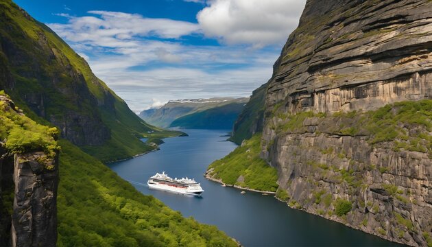 Scenic voyage through Norwegian fjords: Cruise ship amidst a captivating rock canyon