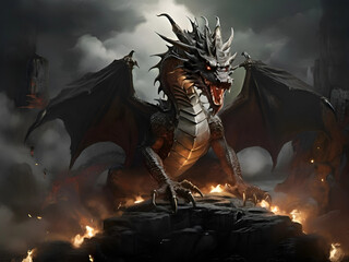 Dragon beautiful illustration on a dark background.Fantasy