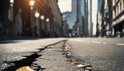 Busy city street with a long crack in the road, illustrating the aftermath of an earthquake, with a blurry background