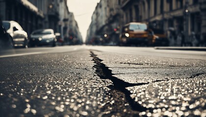 Urban earthquake impact: A cracked road in a bustling city street, set against a blurry backdrop