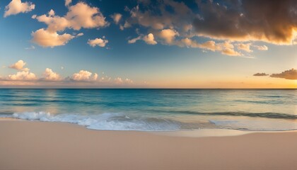 Naklejka na ściany i meble Wide horizon at a tropical beach, capturing the serene meeting of sky and sea in a panoramic seascape