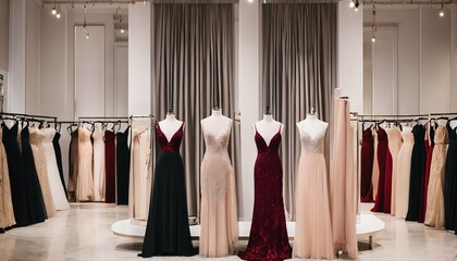 Elegant formal dresses on display in a luxury boutique, featuring prom, wedding, and evening gowns - options for rent for various events