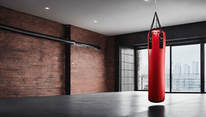 Sport fitness activities showcased by red punching bag in room, ideal for kickboxing, Muay Thai,...