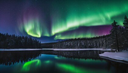 Breathtaking view of the northern lights above a tranquil lake, set against a forested background