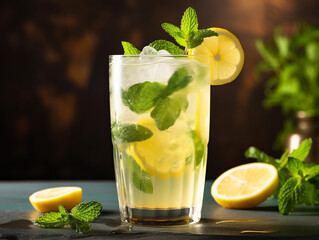 Refreshing lemonade with ice cubes, garnished with a sprig of fragrant fresh mint leaves.