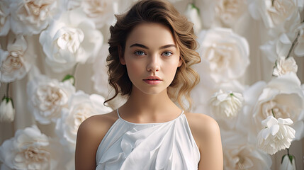 Portrait of a pretty woman in a white dress against a floral background.