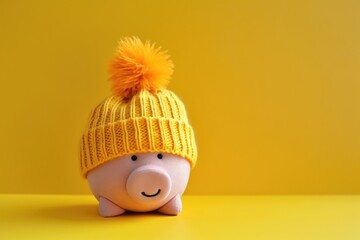 Piggy bank and hat on yellow background. The concept of saving heating. Copy space