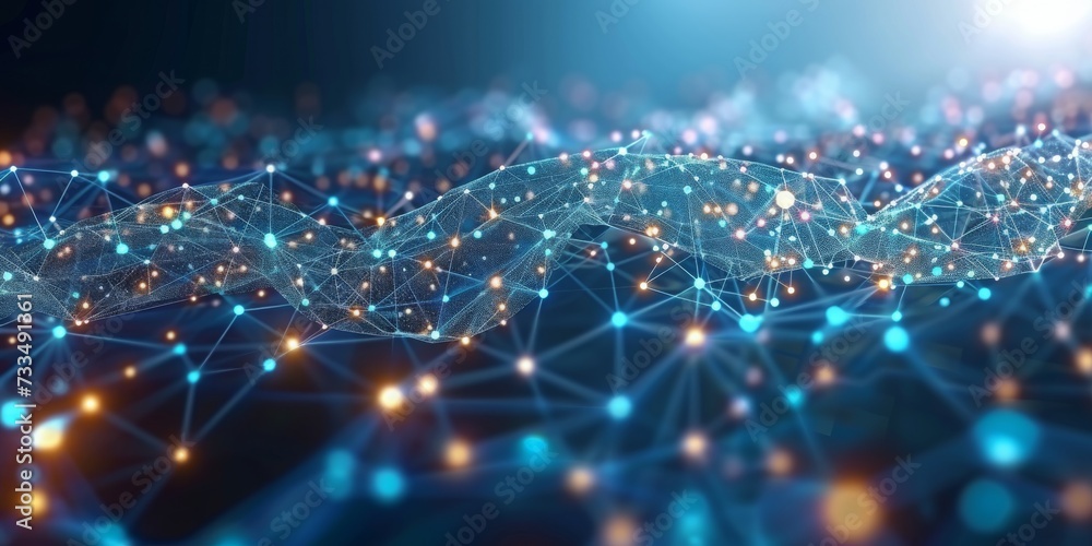Fototapete Digital Connectivity and Advanced Networking Concept with a Dynamic Mesh Network of Glowing Nodes and Lines in Cyberspace, Generative AI