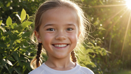 Smiling child enjoys nature beauty, carefree and relaxed in sunlight 