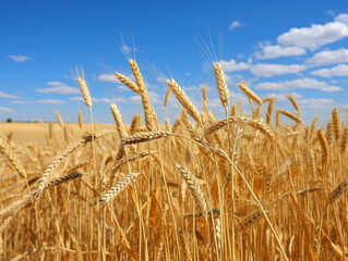 A mesmerizing golden field of wheat with a backdrop of blue skies, ready for harvest.