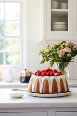 Strawberry bundt cake in white modern kitchen, pound cake drizzled with powdered sugar glaze