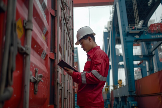 Engineer in inspection uniform, views details on tablet with container logistics at loading dock.