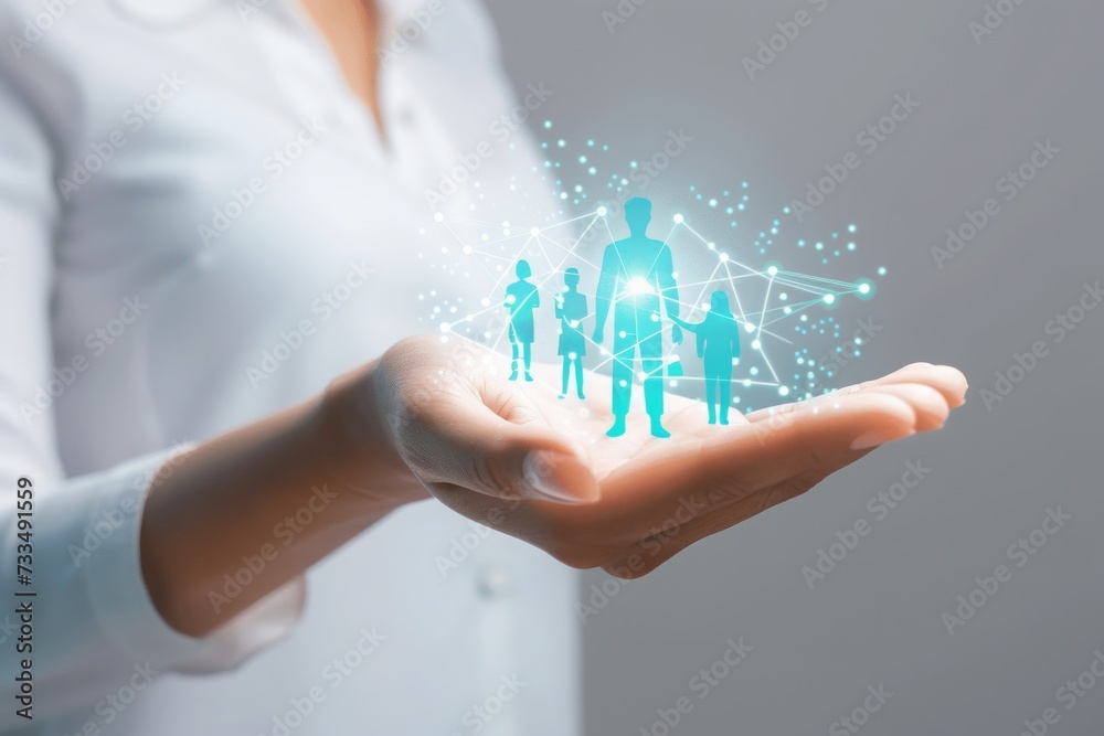 Poster A Holographic Projection of Connected Human Figures Symbolizing Teamwork and Collaboration in a Business Context, Generative AI