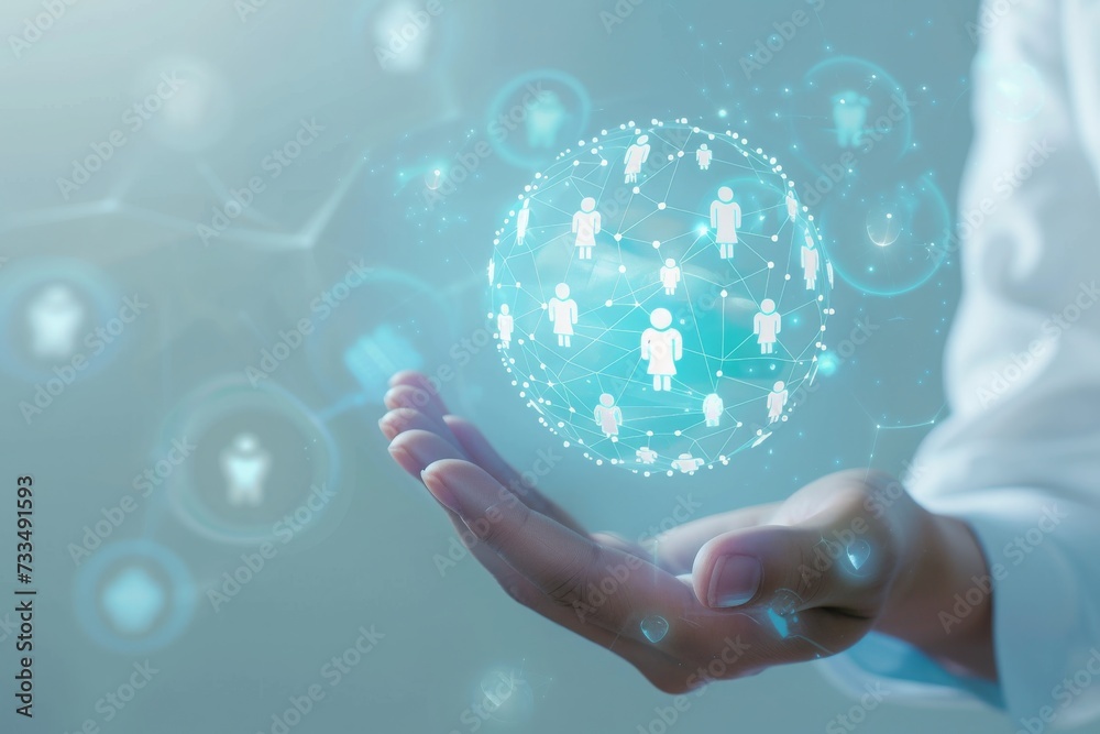 Poster A Holographic Projection of Connected Human Figures Symbolizing Teamwork and Collaboration in a Business Context, Generative AI