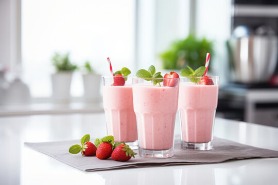 Strawberry smoothie in glasses in white modern kitchen with fresh berries