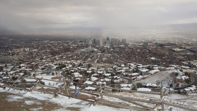 panorama of downtown Salt Lake City from Ensign Peak in winter with snow