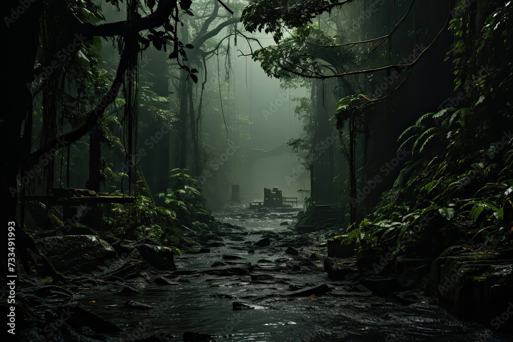 Poster mysterious and atmospheric scene of a foggy jungle