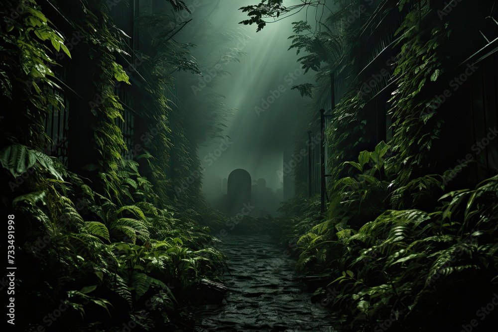 Poster mysterious and atmospheric scene of a foggy jungle
