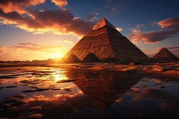 Pyramid rising against a vibrant desert sunset