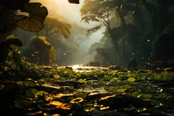 Sunlight filtering through the dense canopy of a jungle